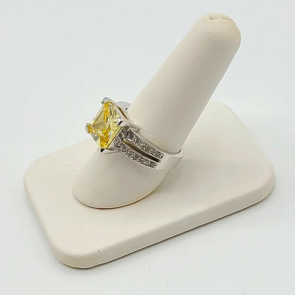 Silver Rhodium Plated Yellow Princess Cut CZ Ring, Size 8 - Picture 6 of 8